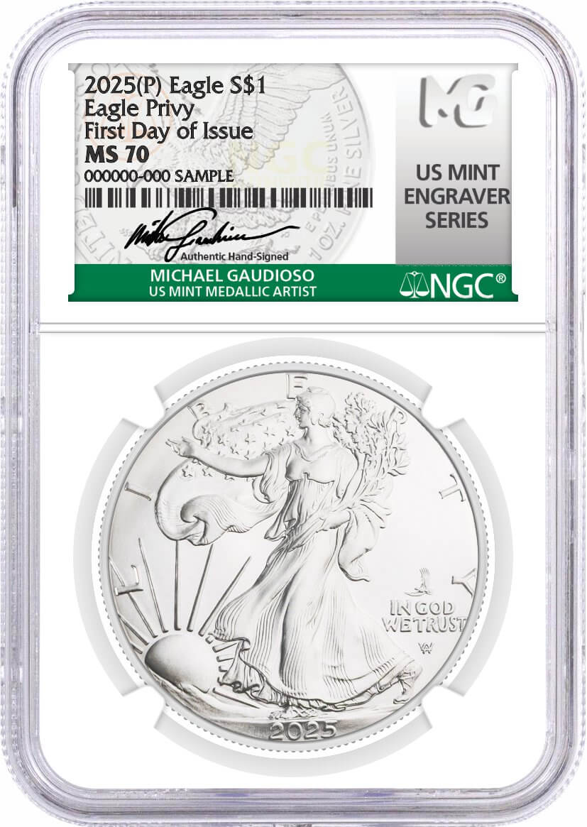 2025 (P) $1 1 oz Silver Eagle with Eagle Privy NGC MS70 First Day of Issue Gaudioso Signed U.S. Mint Engraver Series