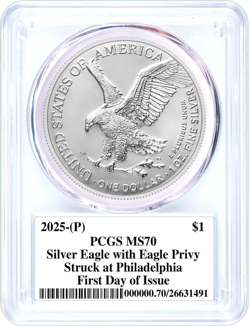 2025 (P) $1 1 oz Silver Eagle with Eagle Privy PCGS MS70 First Day of Issue Gibson Signed Flag Label