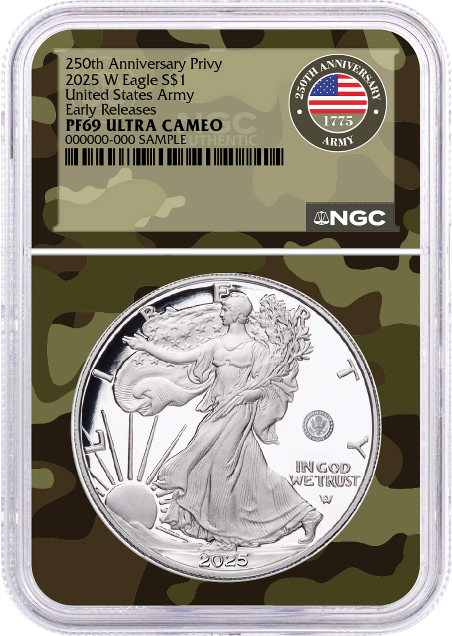 2025 W $1 1oz Silver Eagle 250th Anniversary United States Army Privy NGC PF69 UCAM Early Releases Army Camo Core and Label with OGP