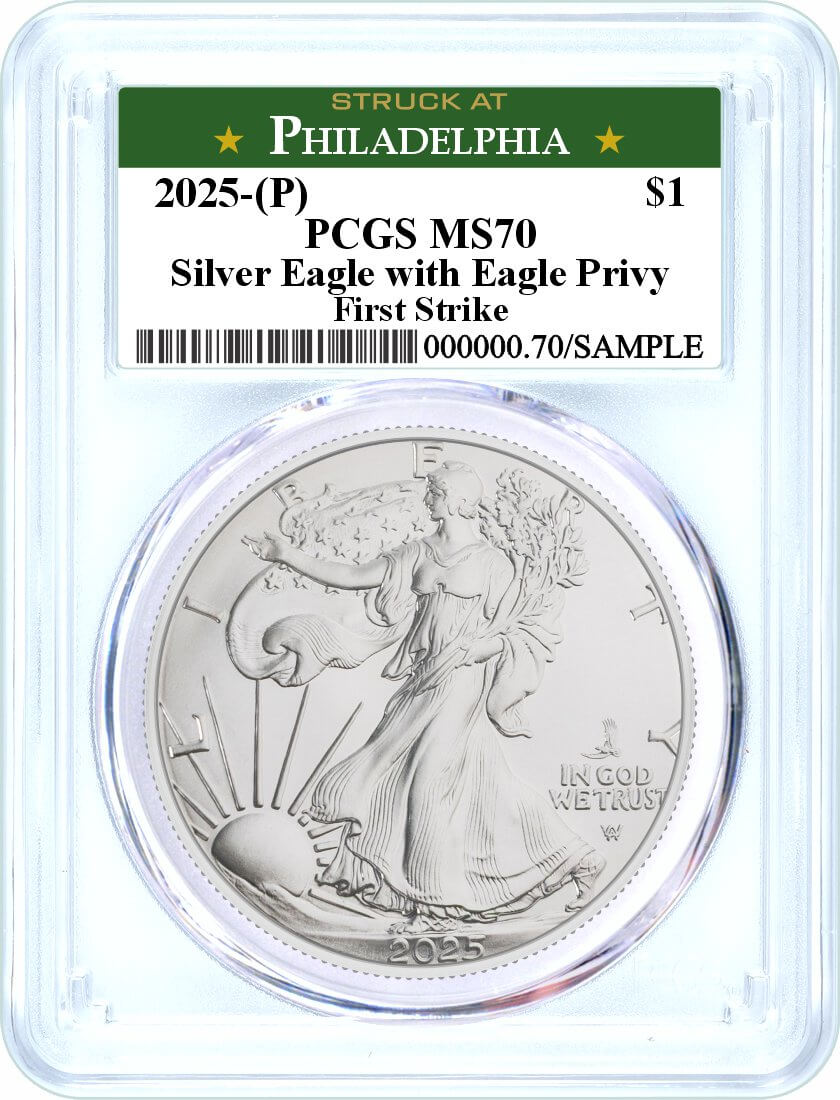 2025 (P) $1 1oz Silver Eagle with Eagle Privy PCGS MS70 First Strike Struck at Philadelphia Label