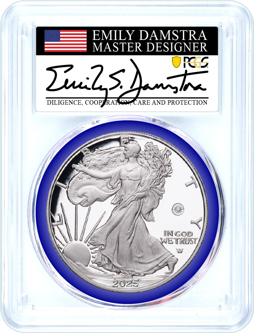 2025 W $1 1 oz Proof Silver Eagle with Laser Privy PCGS PR70 DCAM Advanced Release Damstra Signed Mint Designer Series with OGP