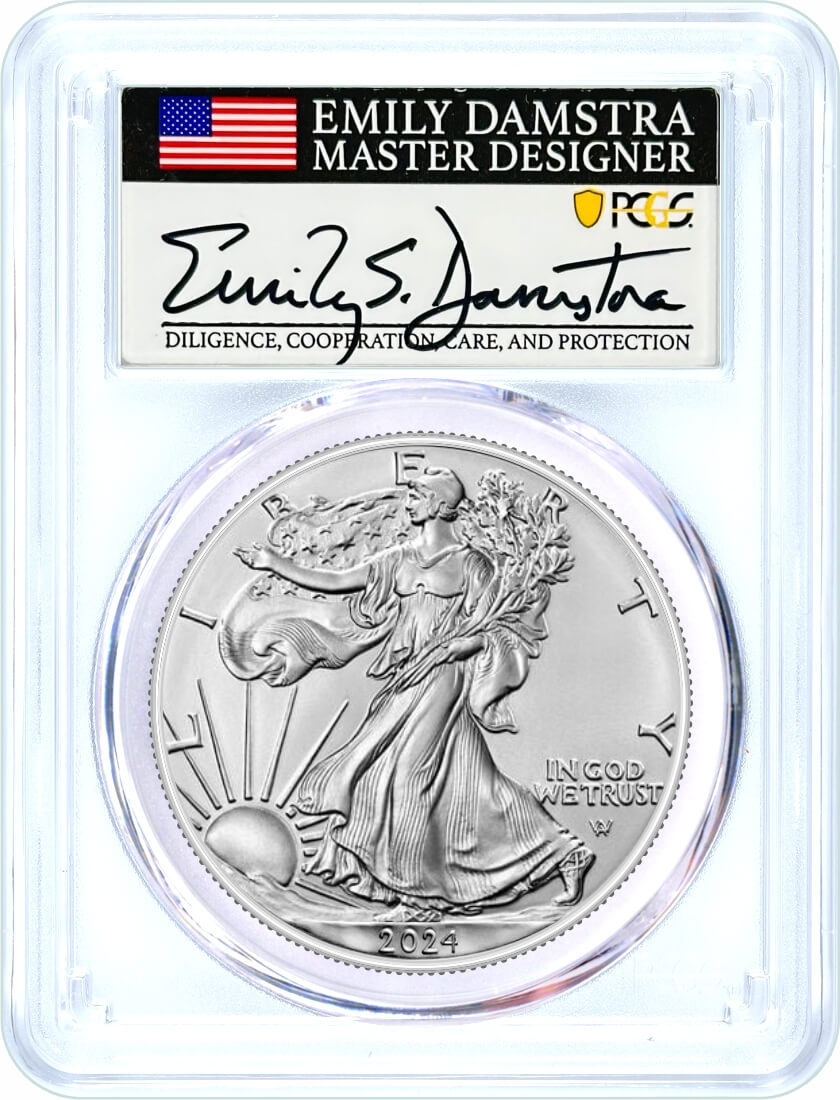2024 $1 Silver Eagle PCGS MS70 First Day of Issue Damstra Signed Flag Label