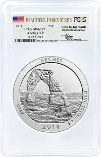 2014 ATB 5oz Silver Arches PCGS MS69 PL Mercanti Signature