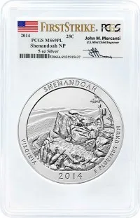 2014 ATB 5oz Silver Shenandoah PCGS MS69 PL First Strike Mercanti Signature