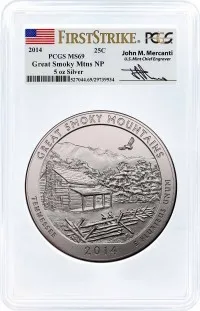 2014 ATB 5oz Silver Great Smoky Mountains PCGS MS69 First Strike Mercanti Signature