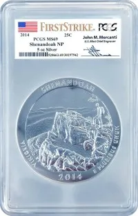 2014 ATB 5oz Silver Shenandoah PCGS MS69 First Strike Mercanti Signature