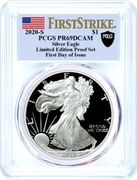 2020 S $1 Limited Edition Proof Silver Eagle PCGS PR69 DCAM First Day of Issue Black Shield Label 7 Coin Set Included
