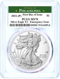 2021 (P) Silver Eagle Emergency Issue Type 1 PCGS MS70 First Day of Issue Struck at Philadelphia Label