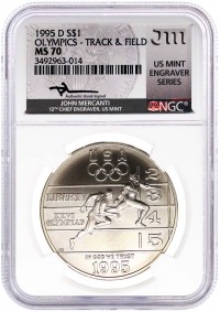 1995 D $1 Silver Centennial Olympic Games Track and Field NGC MS70 Mercanti Signed U.S. Mint Engraver Series Masters Collection