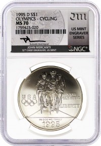 1995 D $1 Silver Centennial Olympic Games Cycling NGC MS70 Mercanti Signed U.S. Mint Engraver Series Masters Collection