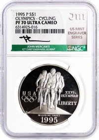 1995 P $1 Silver Proof Centennial Olympic Games Cycling NGC PF70 UCAM Mercanti Signed U.S. Mint Engraver Series Masters Collection