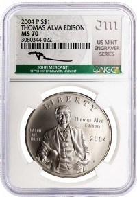 2004 P $1 Silver Thomas Alva Edison NGC MS70 Mercanti Signed U.S. Mint Engraver Series Masters Collection