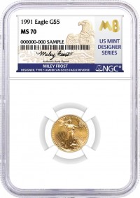 1991 $5 1/10 oz Gold Eagle NGC MS70 Frost (Busiek) Signed U.S. Mint Designer Series