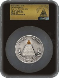 2022 $10 Niue 5oz Gilt Silver Eye of Providence Ultra High Relief NGC MS70 ANTIQUED First Day of Issue Black Core
