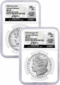 2023 $1 Uncirculated Silver Morgan Dollar and Peace Dollar 2 Coin Set NGC MS70 Advance Releases Ryder Signed U.S. Mint Designer Series