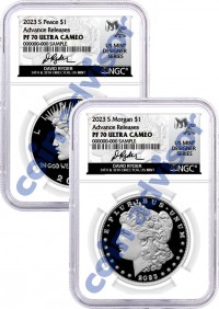 2023 S $1 Proof Silver Morgan Dollar and Peace Dollar 2 Coin Set NGC PF70 UCAM Advance Releases Ryder Signed U.S. Mint Designer Series