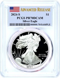 2024 S $1 1 oz Proof Silver Eagle PCGS PR70 DCAM Advanced Release Flag Label