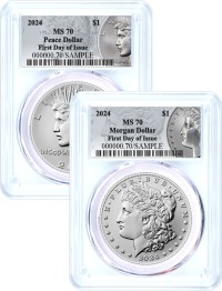 2024 $1 Uncirculated Silver Morgan Dollar and Peace Dollar 2 Coin Duo PCGS MS70 First Day of Issue Silver Dollar Label
