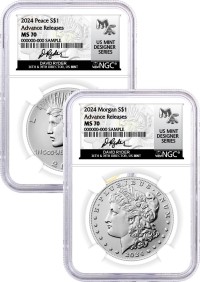 2024 $1 Uncirculated Silver Morgan Dollar and Peace Dollar 2 Coin Set NGC MS70 Advance Releases Ryder Signed US Mint Designer Series