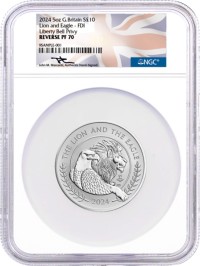 2024 Great Britain £10 5oz Silver Mercanti's Lion and Eagle Liberty Bell Privy NGC Reverse PF70 First Day of Issue Mercanti Signed Flag Label