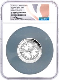 2024 P125 $3 Australia 3oz Proof Silver Wedge Tailed Eagle 10th Anniversary NGC PF70 UCAM First Day of Issue Mercanti Signed Aus Flag Label
