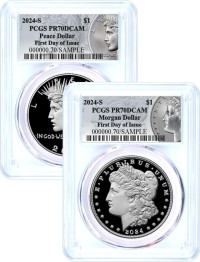 2024 S $1 Proof Silver Morgan Dollar and Peace Dollar 2 Coin Duo PCGS PR70 DCAM First Day of Issue Silver Dollar Label