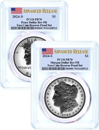 2024 S $1 Reverse Proof Silver Morgan Dollar and Peace Dollar 2-Coin Set PCGS PR70 Advanced Release Flag Label