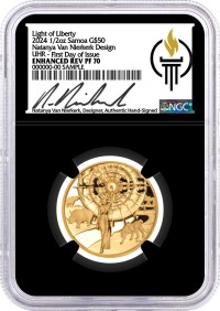 2024 Samoa $50 1/2 oz Gold Light of Liberty Van Niekerk/Mercanti Design Ultra High Relief NGC Enhanced Reverse PF70 First Day of Issue Van Niekerk Signed Torch Label Black Core