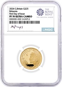 2024 G. Britain £25 1/4 oz Gold Proof Britannia NGC PF70 UCAM First Day of Issue Jennings Signed Royal Mint Label