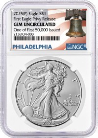 2025 (P) Silver Eagle First Eagle Privy Release One of First 50,000 Issued NGC Gem Uncirculated Liberty Bell Label with Bonus Display Case