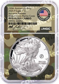 2025 P $1 1oz Silver Eagle 250th Anniversary United States Marine Corps Privy NGC PF70 UCAM Advance Releases Gaudioso Signed Marine Corps Camo Core